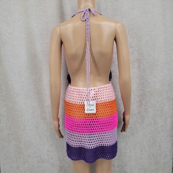 Davi & Dani Colorful Crochet Halter Dress Beach Swimsuit Cover Up Open Back NEW - Picture 6 of 11